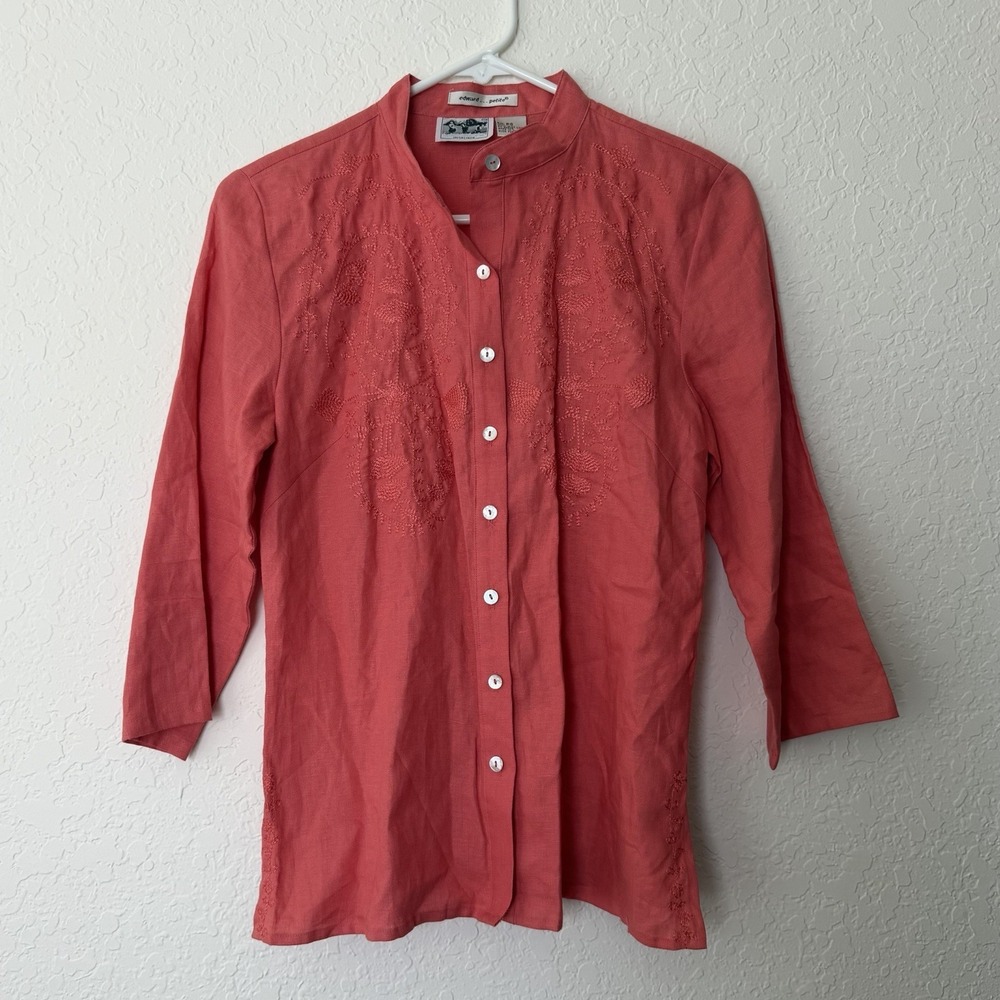 Edward 100% Irish Linen Shirt Button Down Womens PETITE Small Pink Embroidered‎